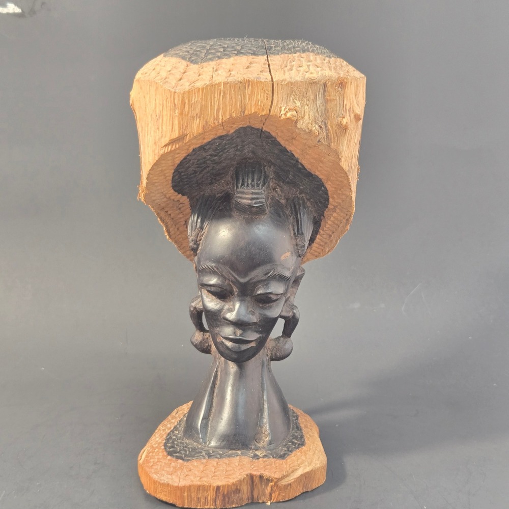 Vintage African Hand Carved Ebony Wood Bust Woman Headpiece Folk Art Statue